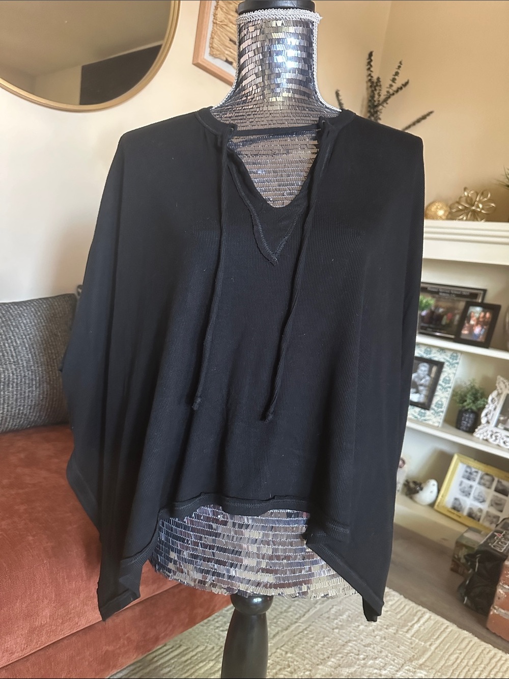 Vimmia Black Draped Poncho Top with V-Neck Tie